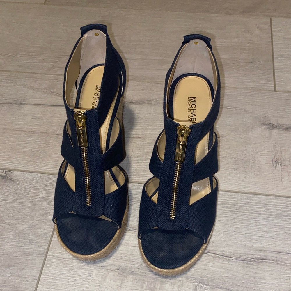 Michael Kors Navy Canvas Espadrilles - Size 7 - Wedge Platform with Gold Zipper